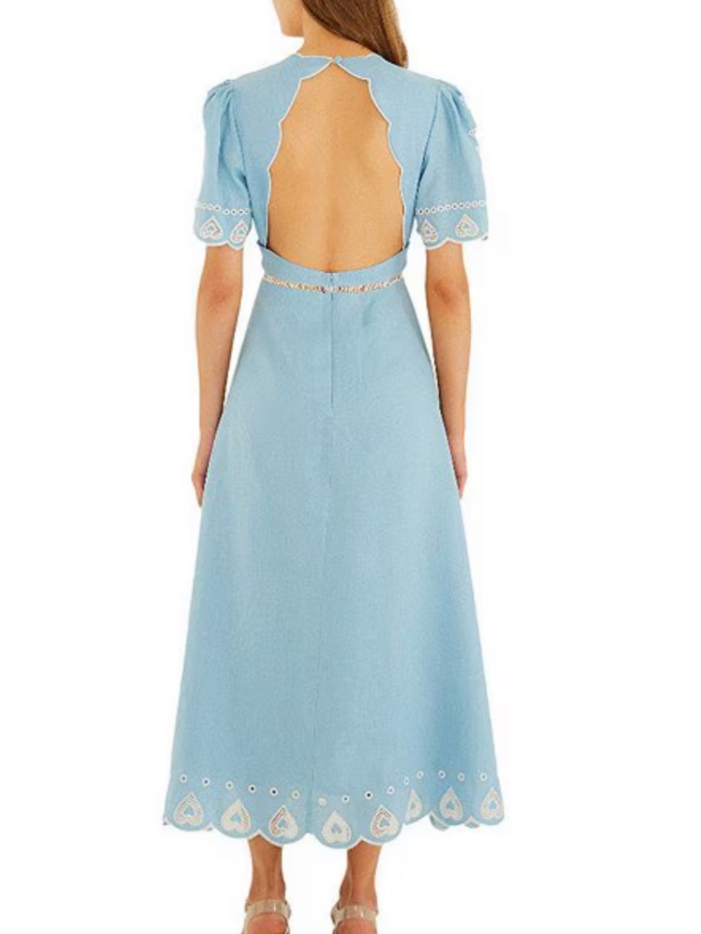 Blue Embroidered Midi Dress with White Lace Detail - Picture 2 of 4